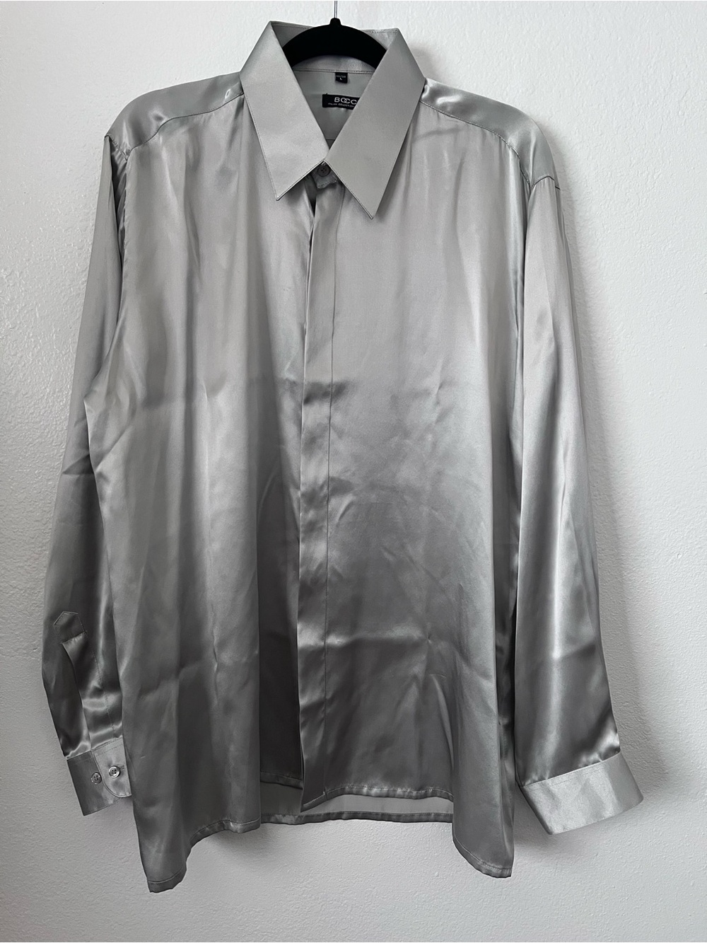 Bocci Men’s Long Sleeve Silver Metallic Silk Dress Shirt Size L